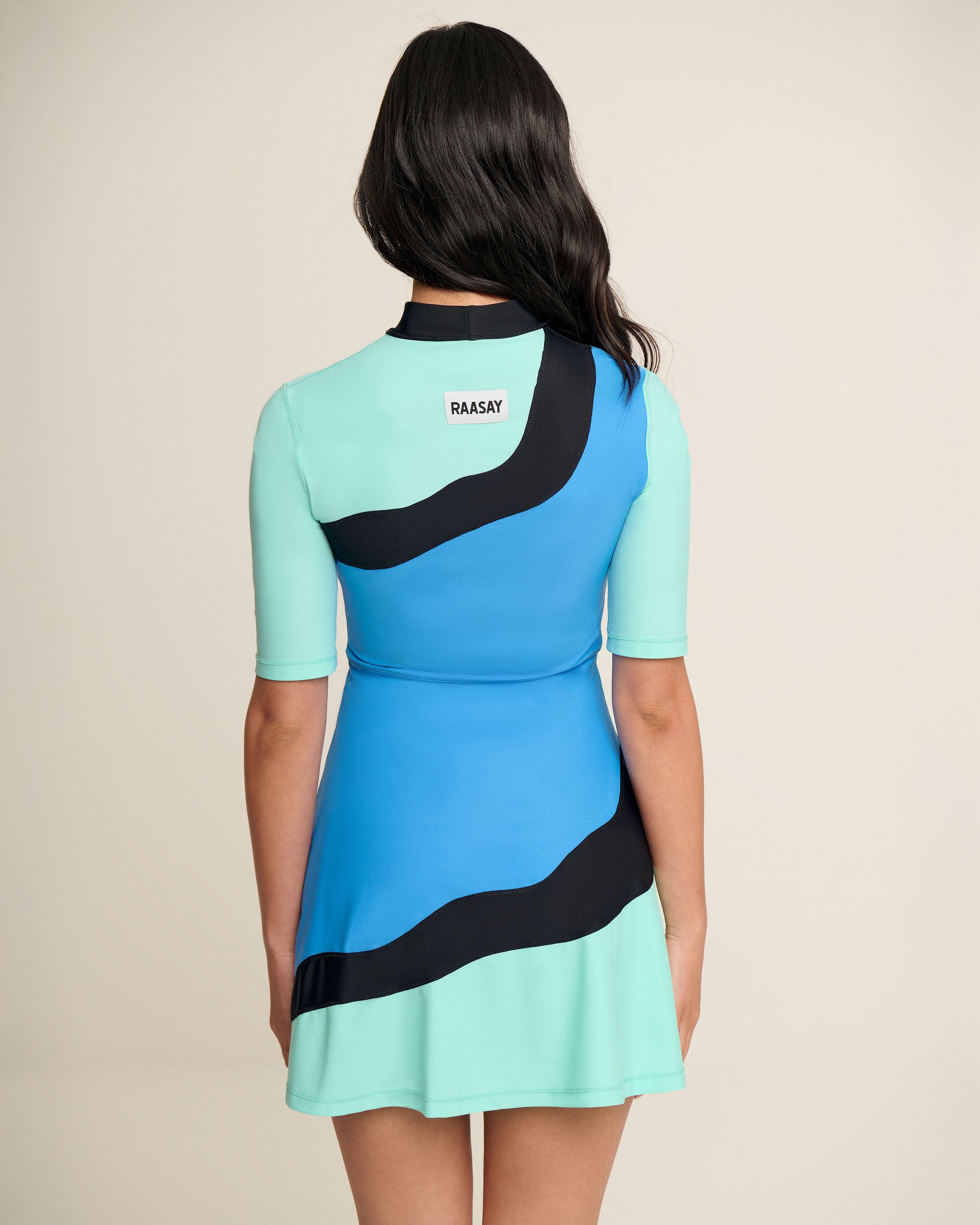 Asymmetrical Waves Dress - Blue, Aqua & Black