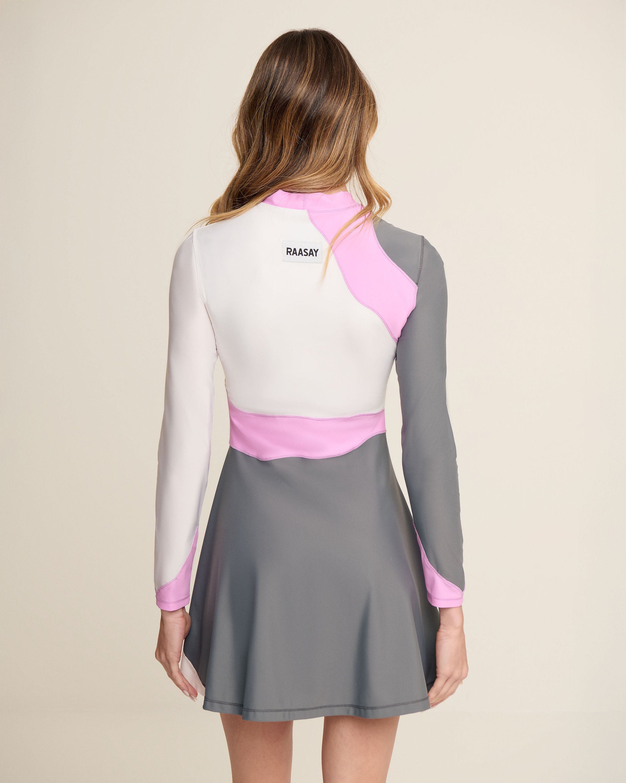Front Back Waves Dress - White, Grey & Pink