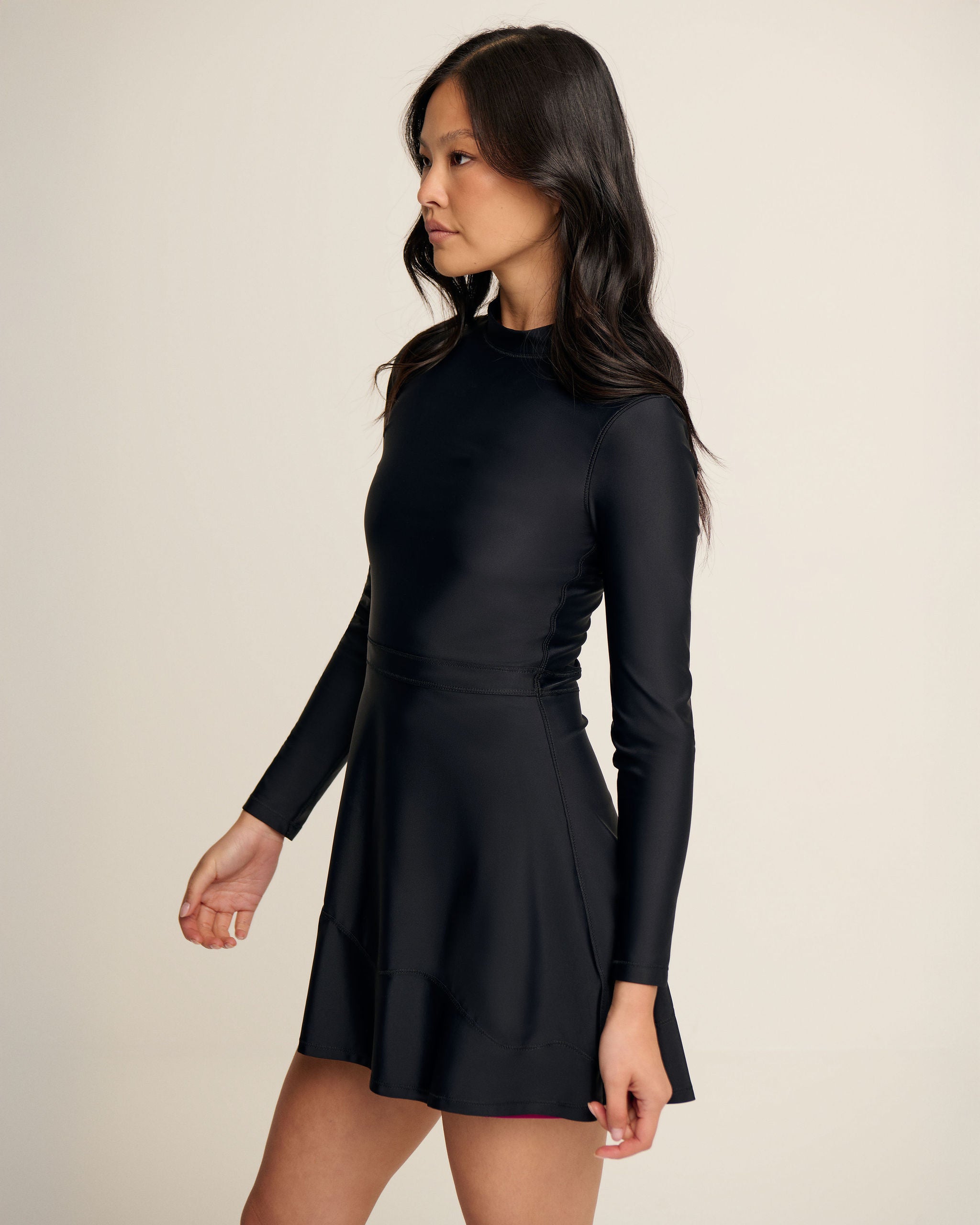 Belted Wave Hem Dress - Black