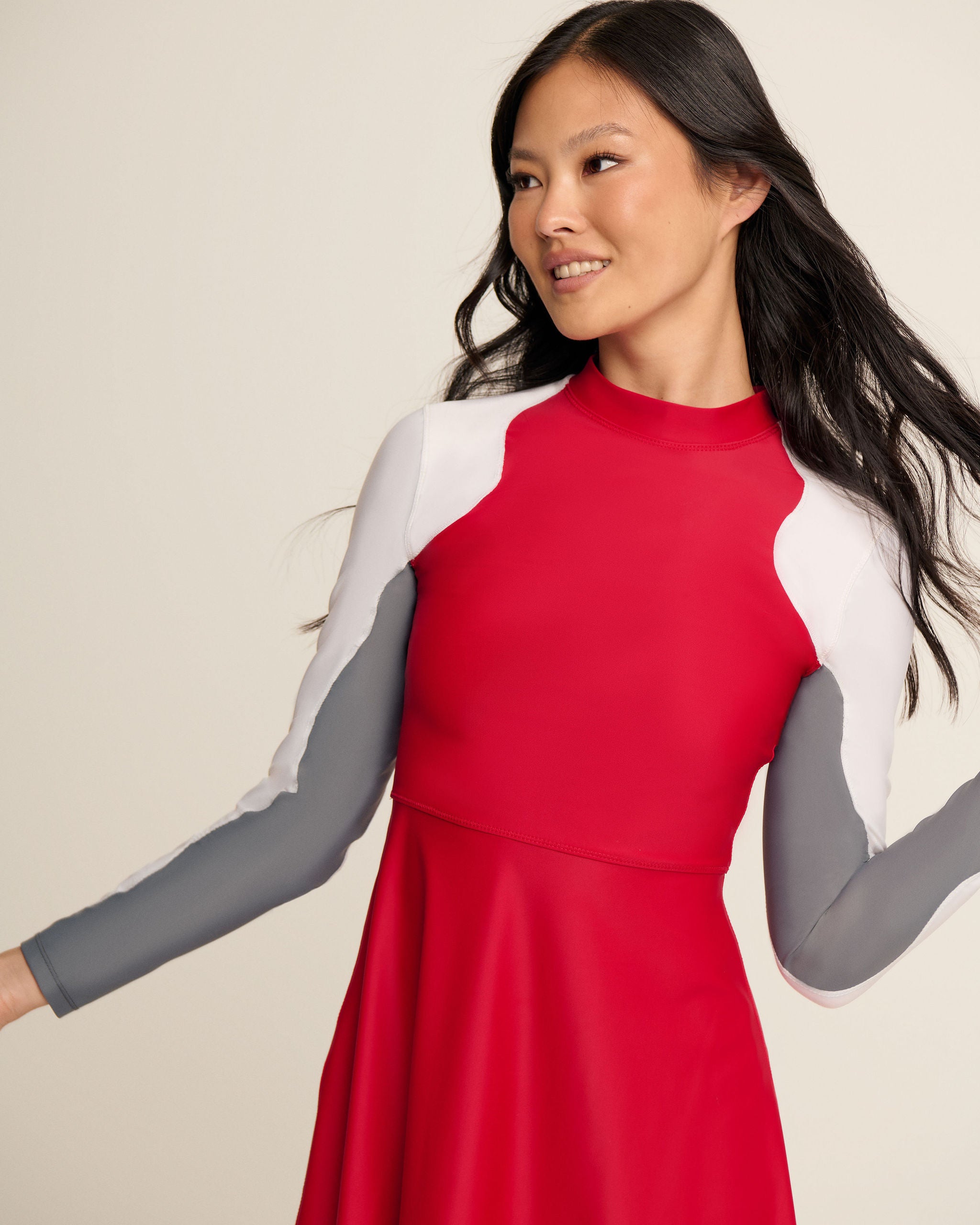 Wave Sleeves Dress - White, Red & Grey