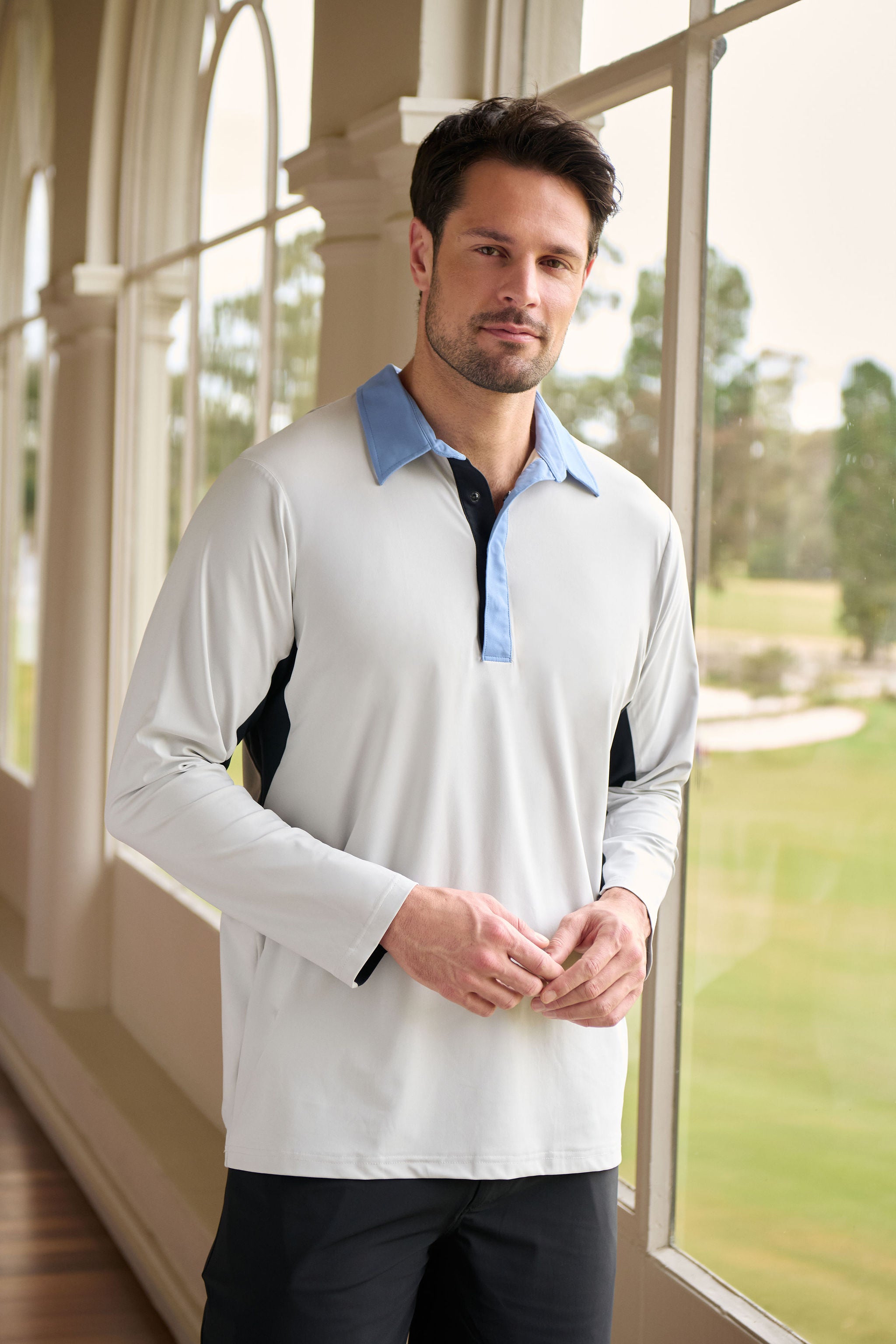 Contrast Collar Long Sleeve Top - Blue, Light Grey & Black