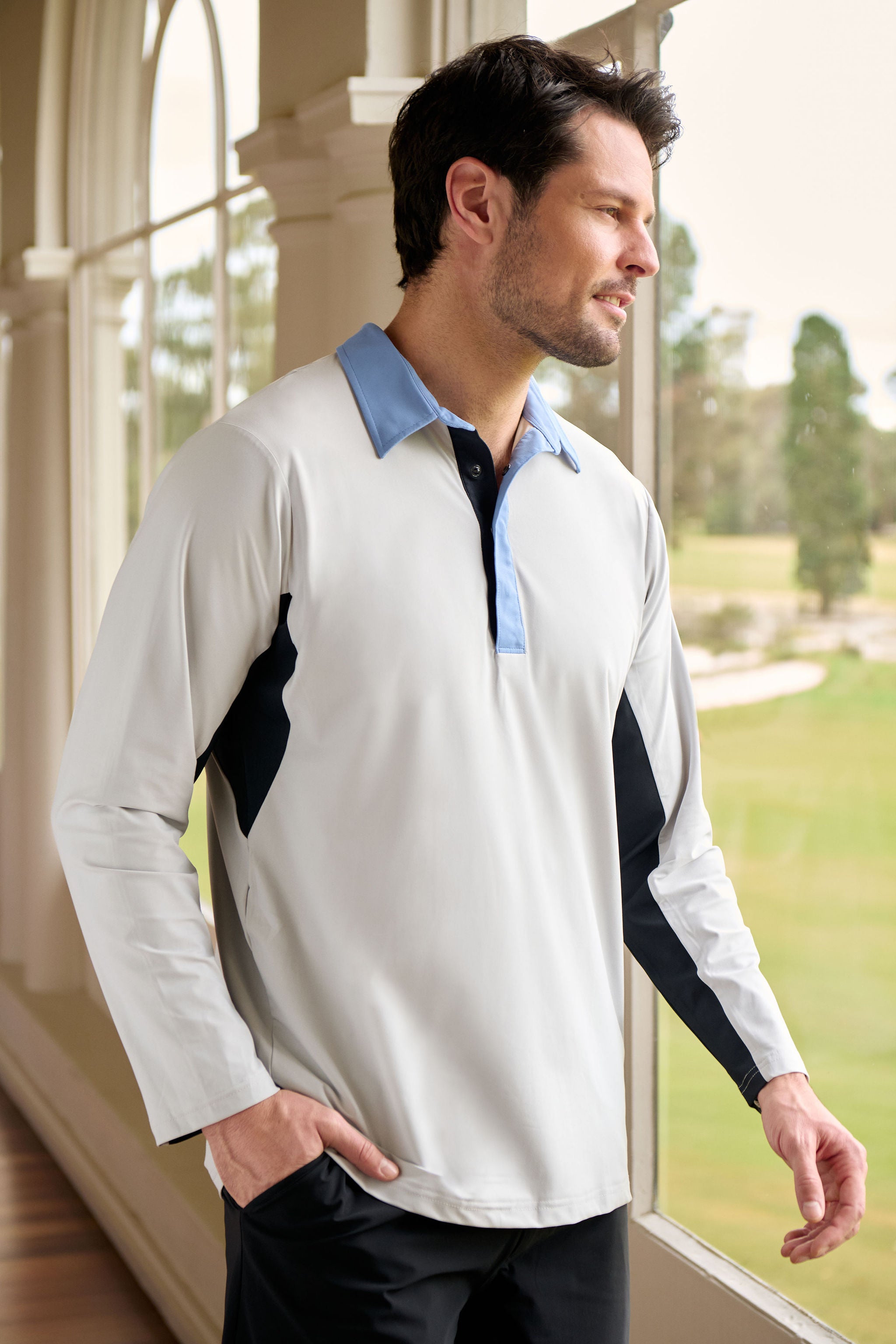 Contrast Collar Long Sleeve Top - Blue, Light Grey & Black