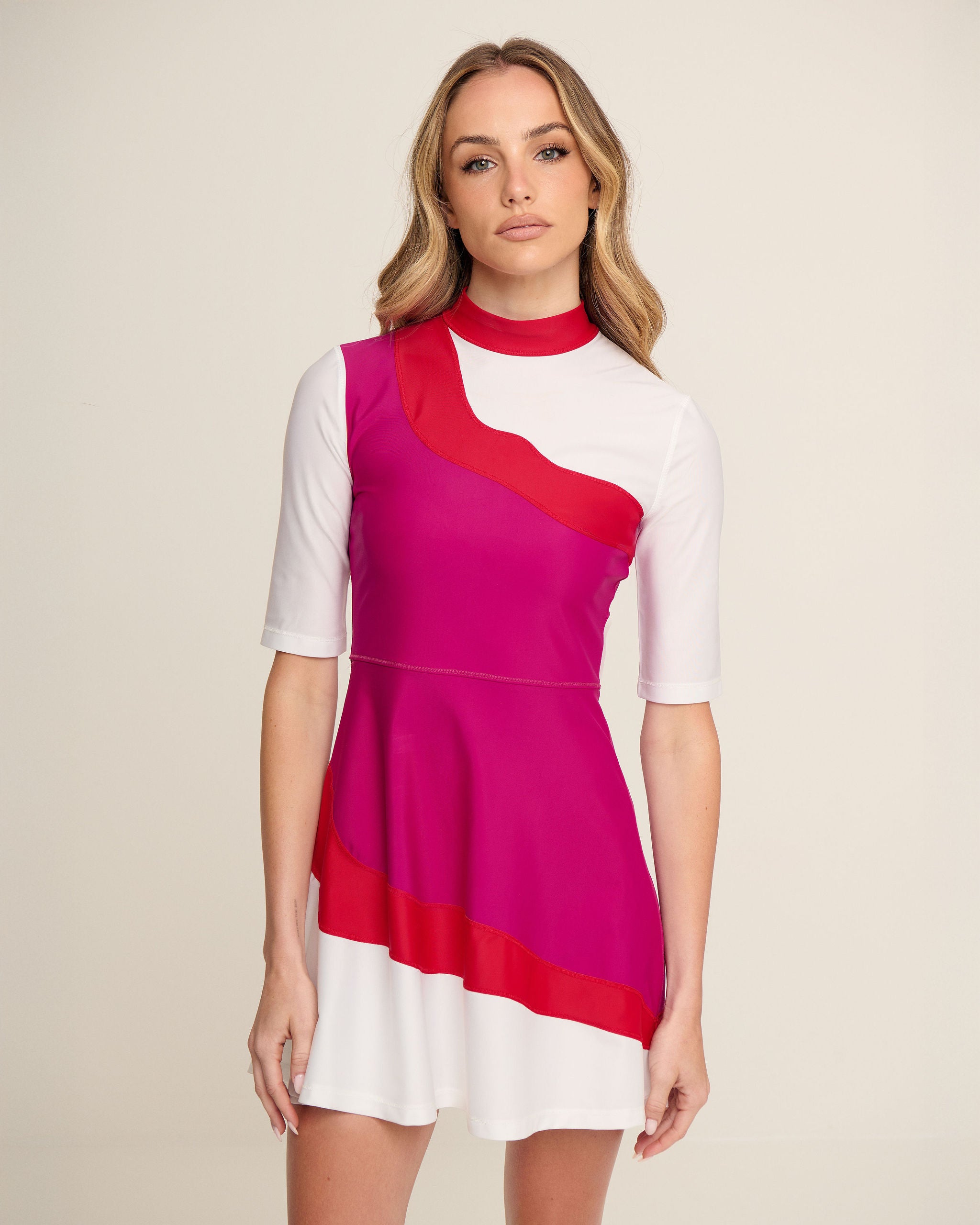 Asymmetrical Waves Dress - Magenta, White & Red
