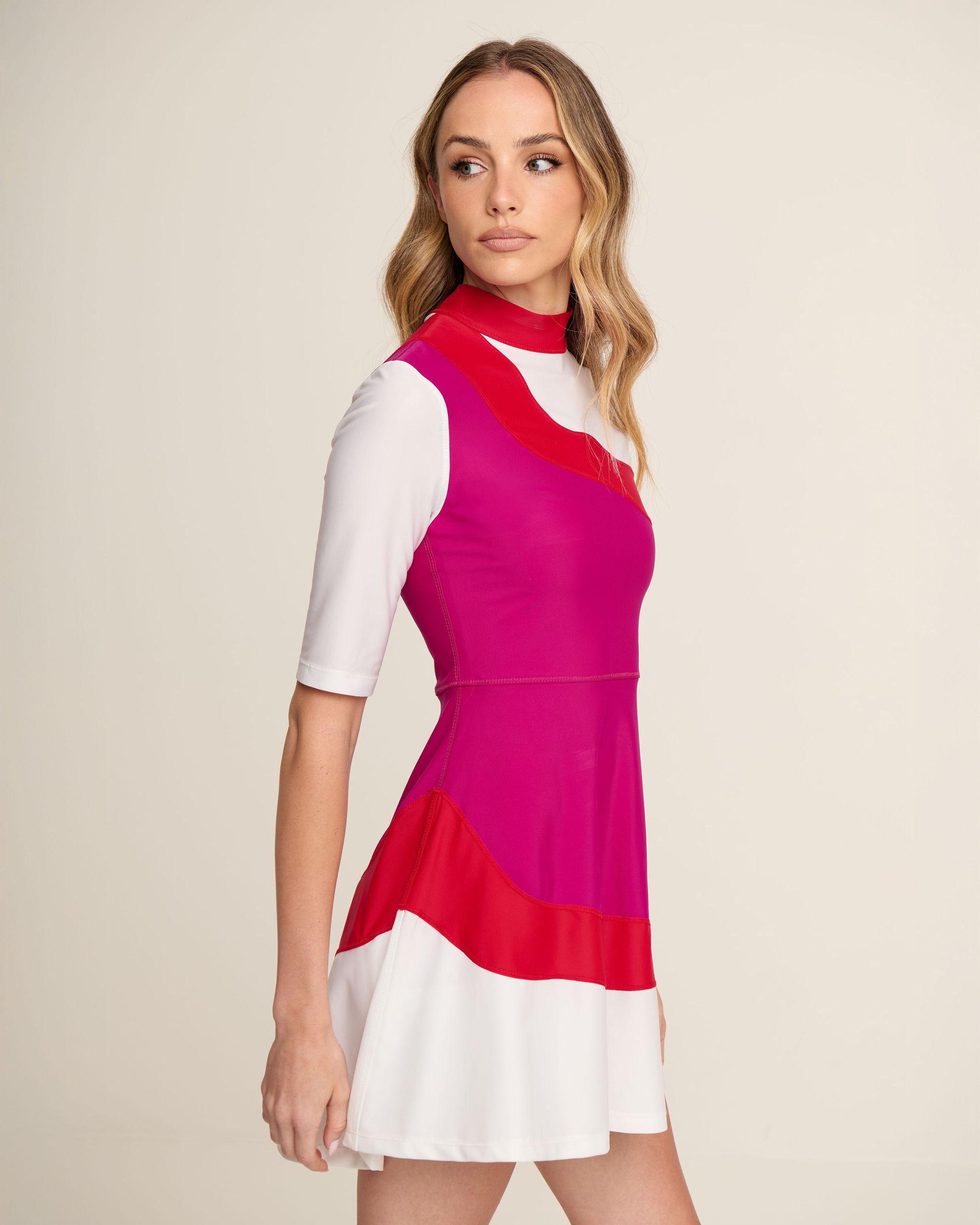 Asymmetrical Waves Dress - Magenta, White & Red