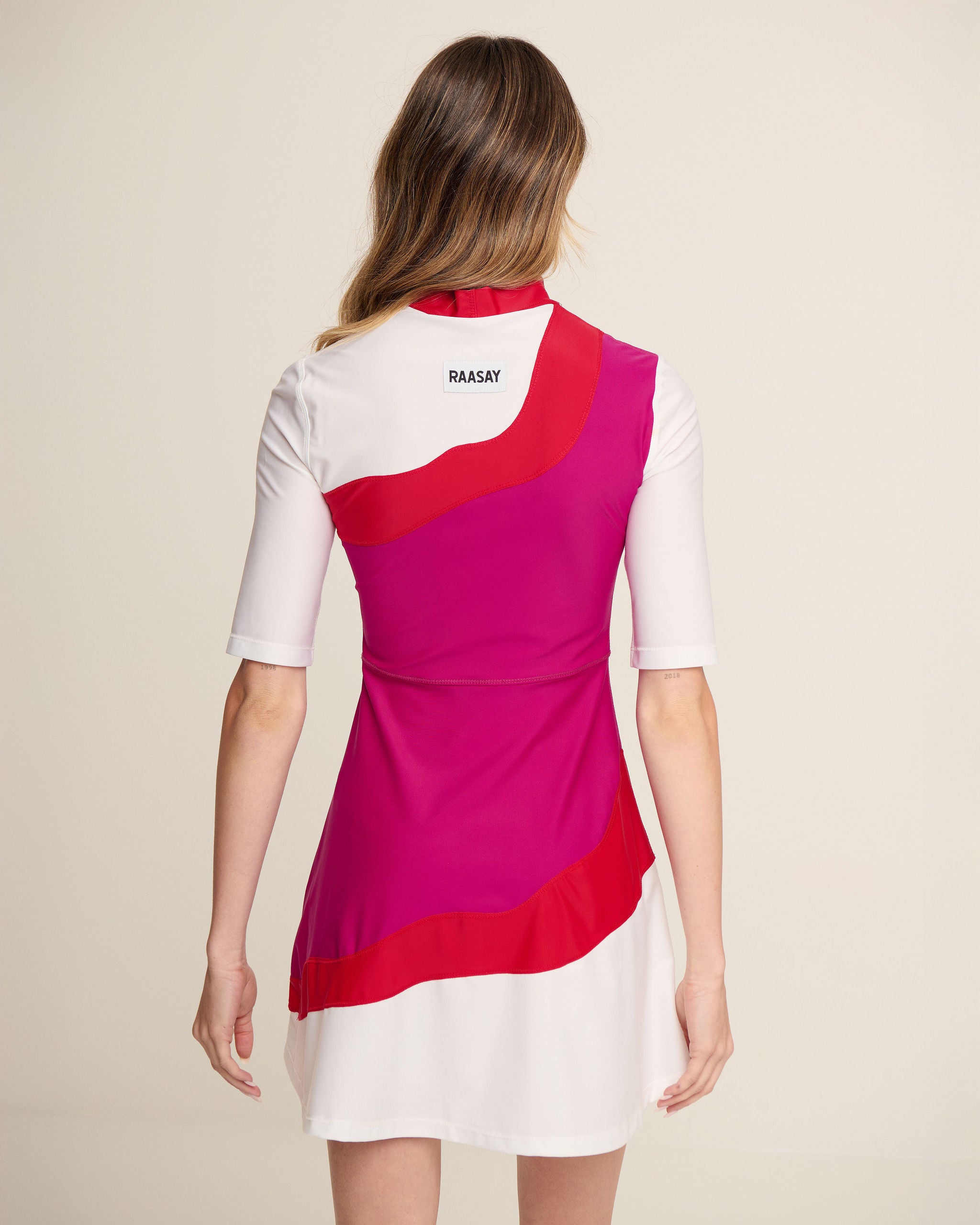 Asymmetrical Waves Dress - Magenta, White & Red