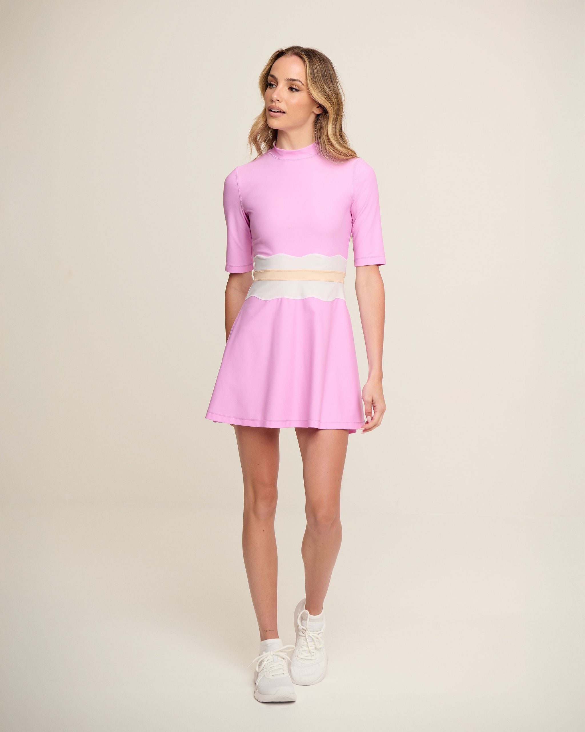 Waved Waist Dress - Pink, White & Cream