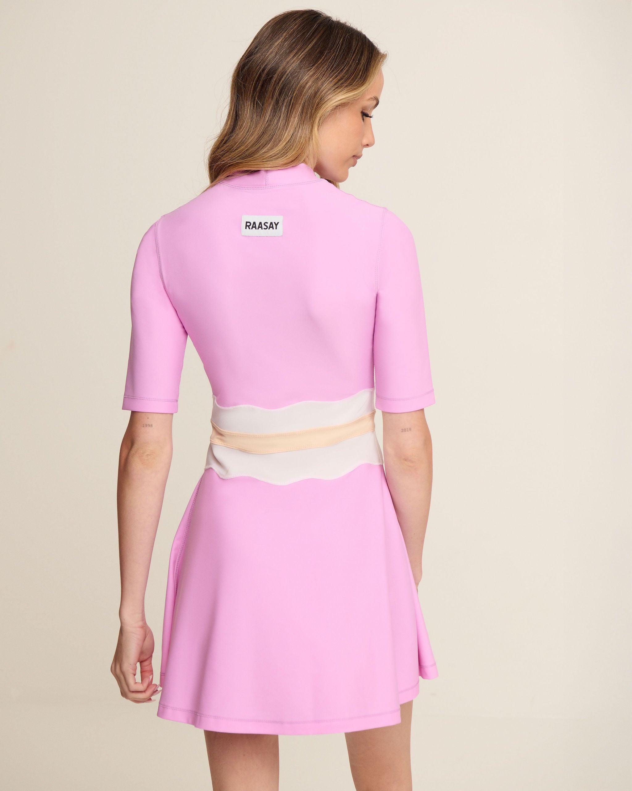 Waved Waist Dress - Pink, White & Cream