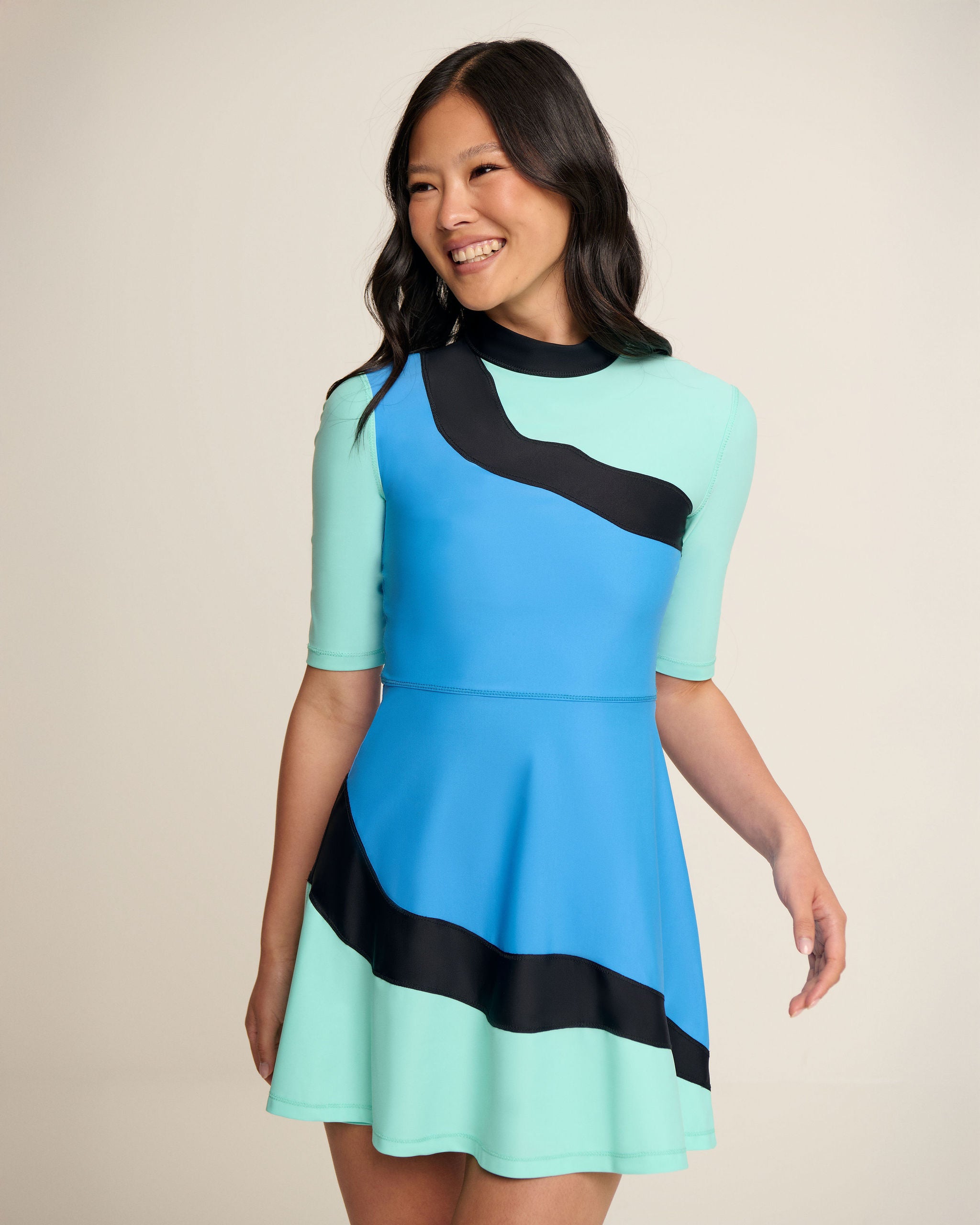 Asymmetrical Waves Dress - Blue, Aqua & Black