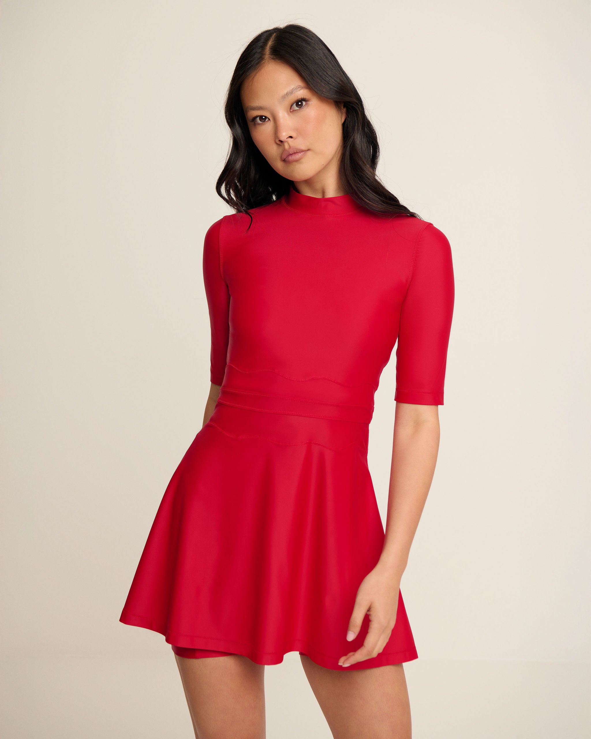 Waved Waist Dress - Red