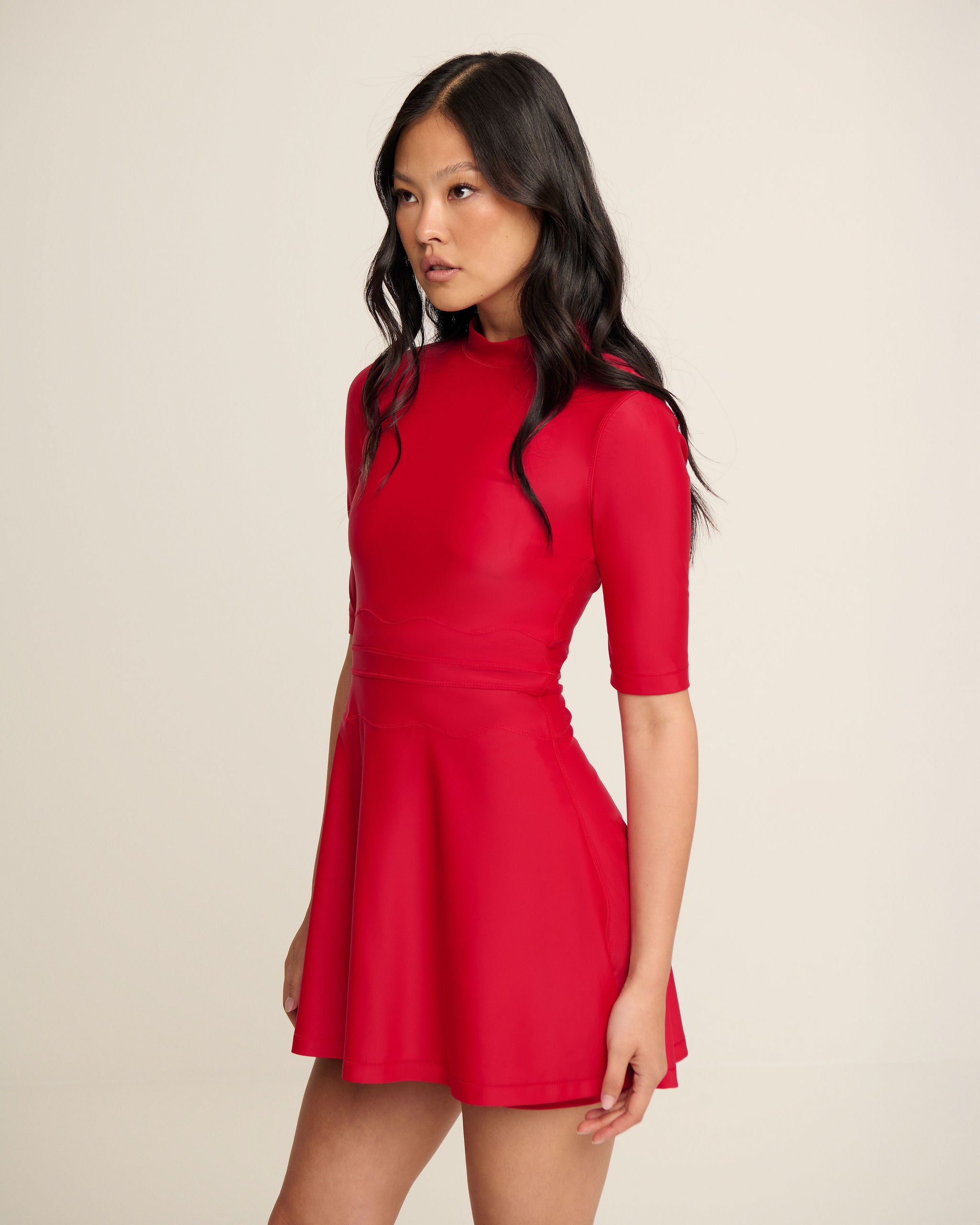 Waved Waist Dress - Red