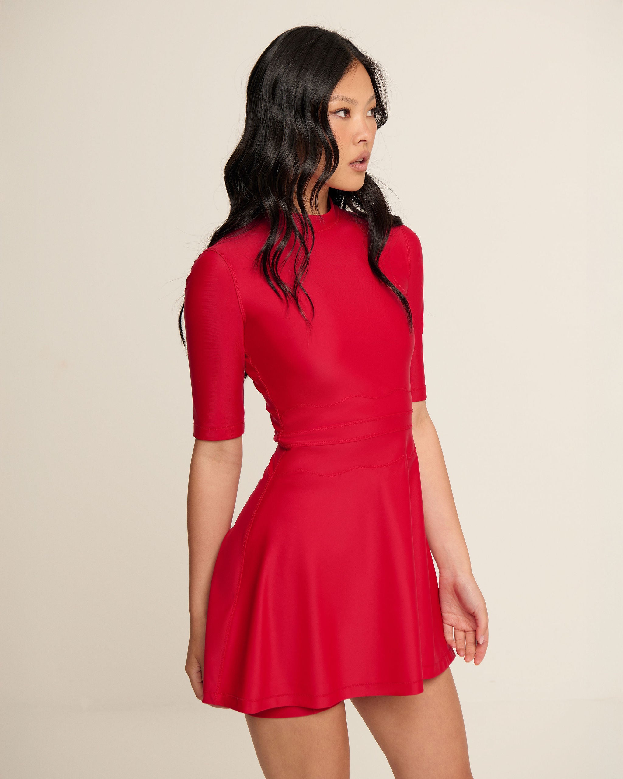 Waved Waist Dress - Red