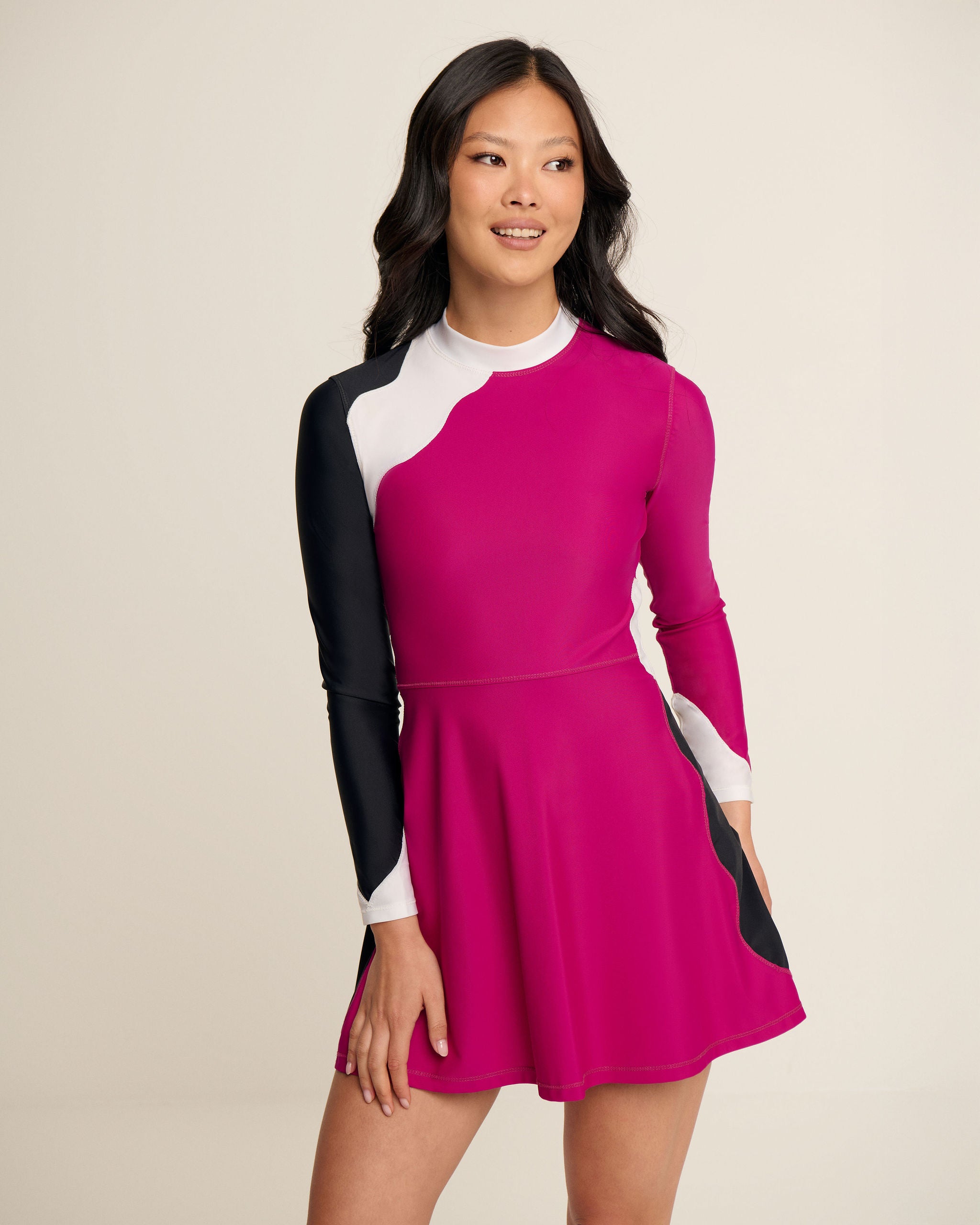 Front Back Waves Dress - Magenta, Black & White