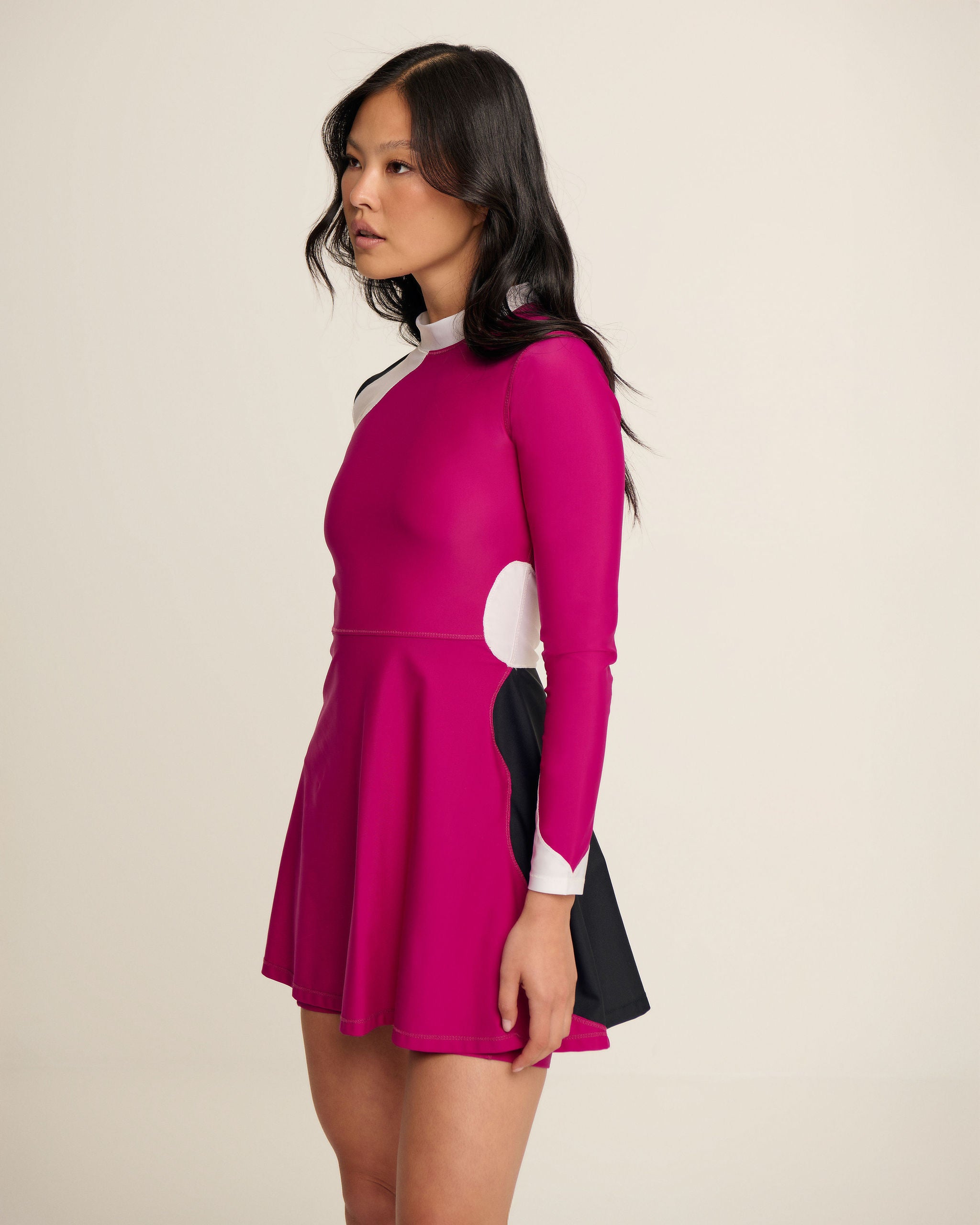 Front Back Waves Dress - Magenta, Black & White