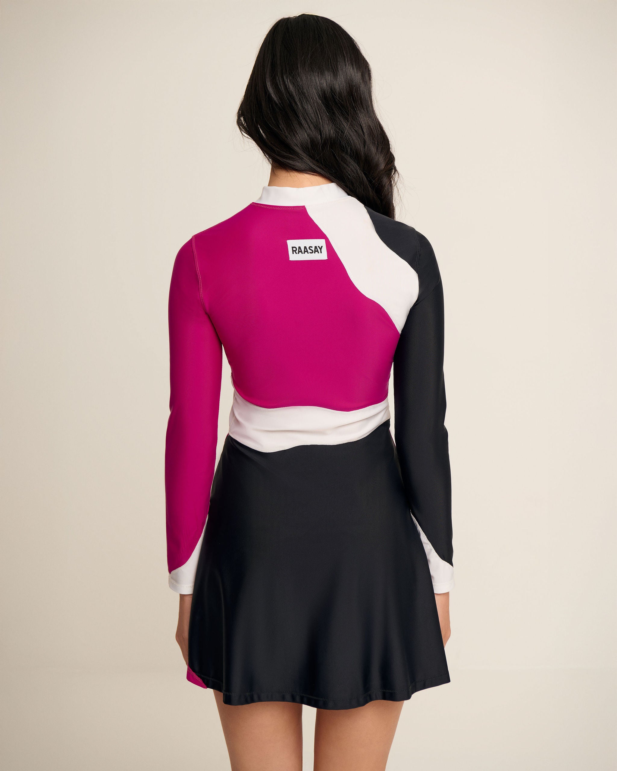 Front Back Waves Dress - Magenta, Black & White