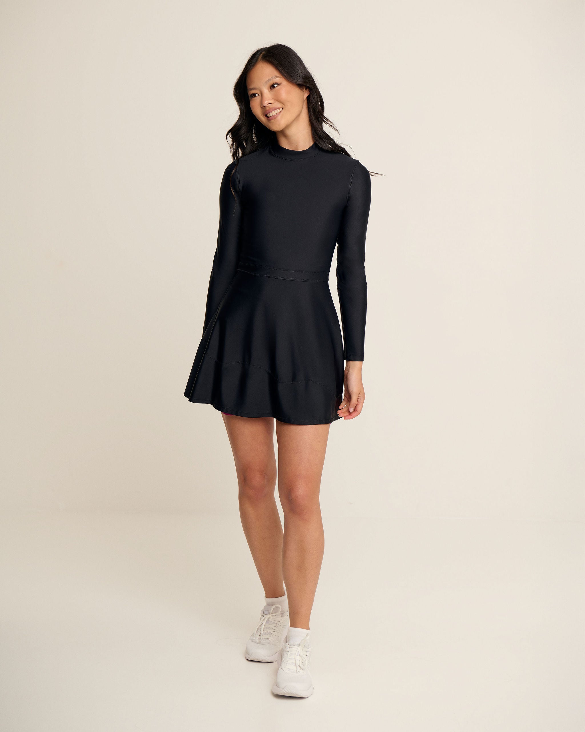 Belted Wave Hem Dress - Black