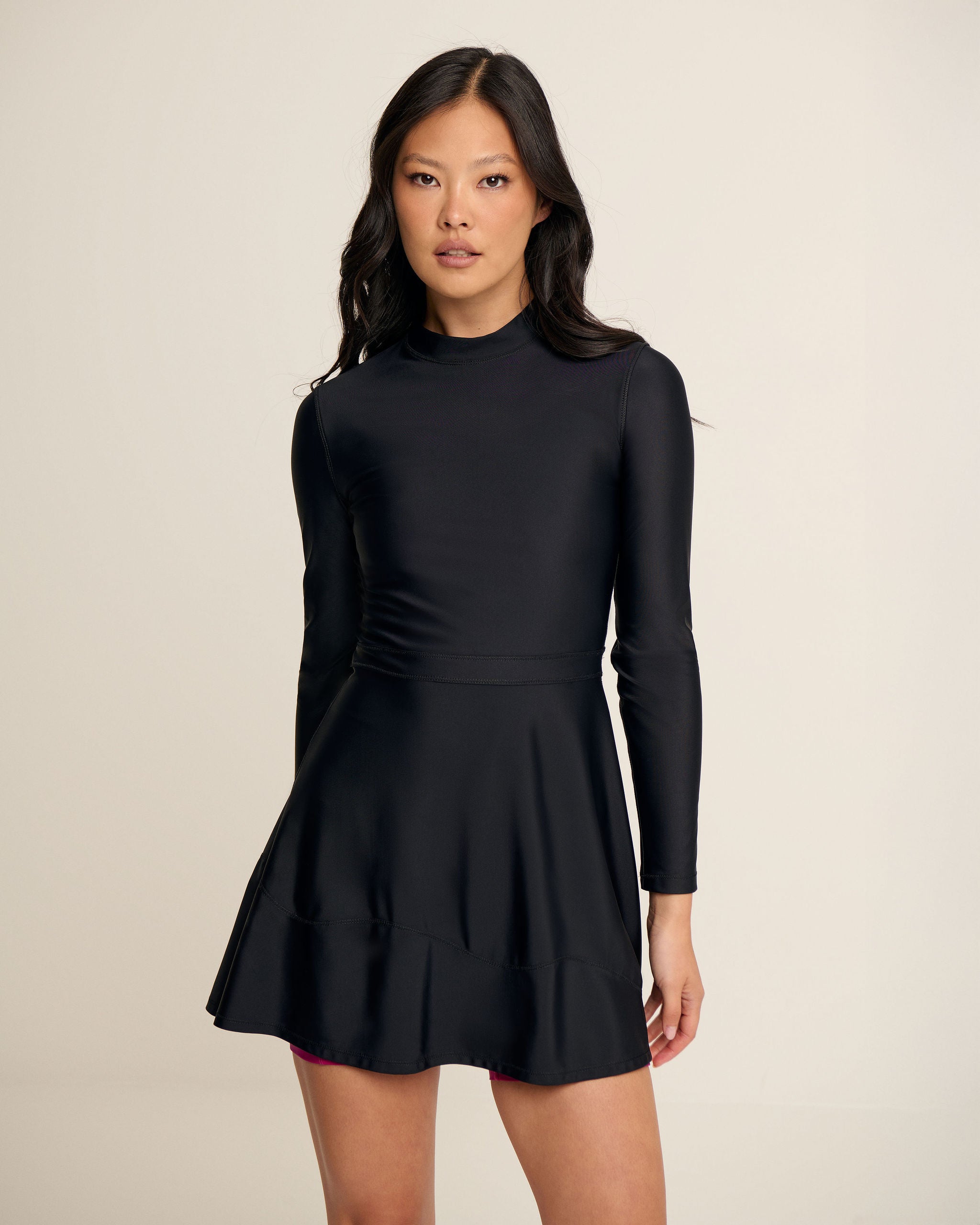 Belted Wave Hem Dress - Black