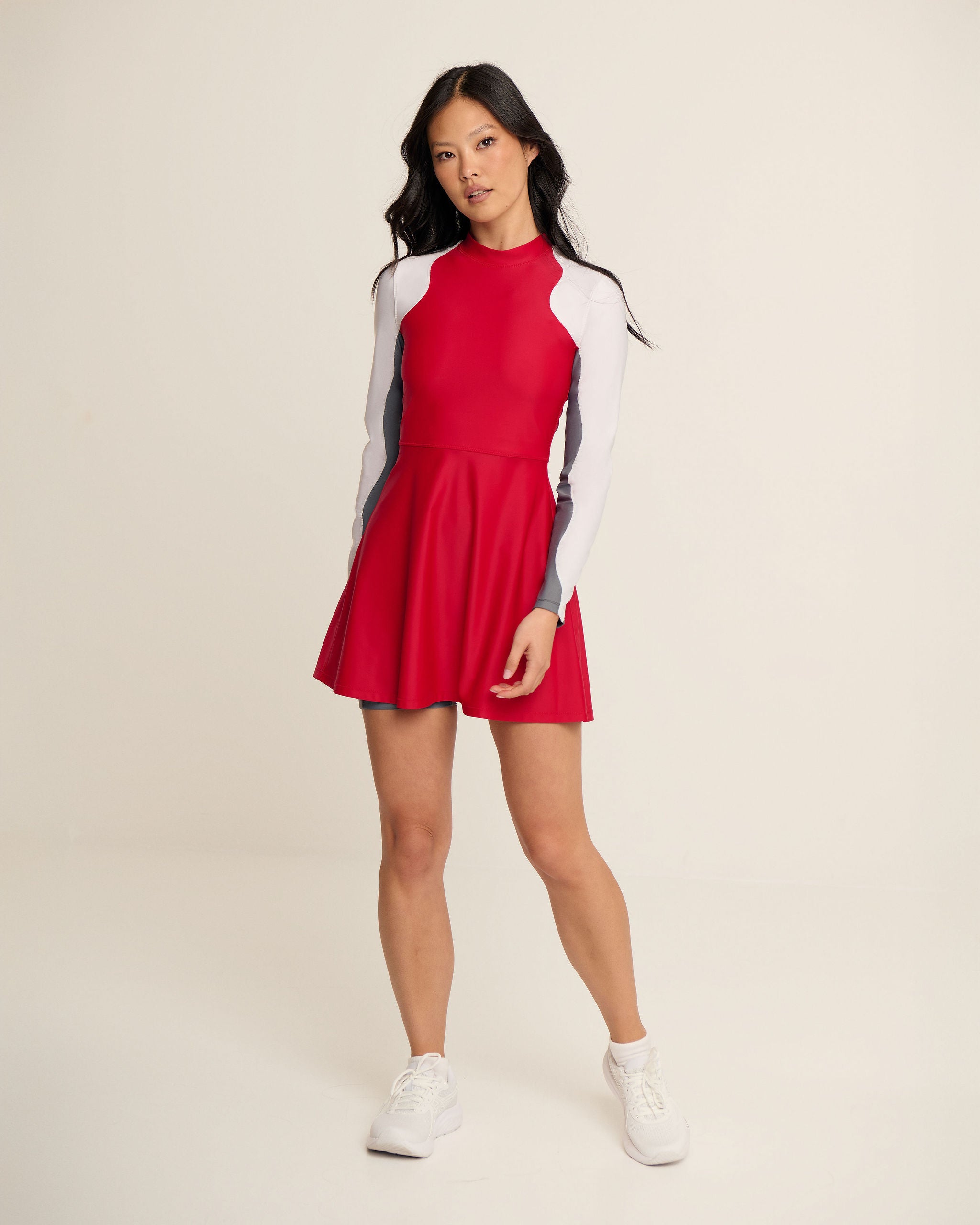 Wave Sleeves Dress - White, Red & Grey