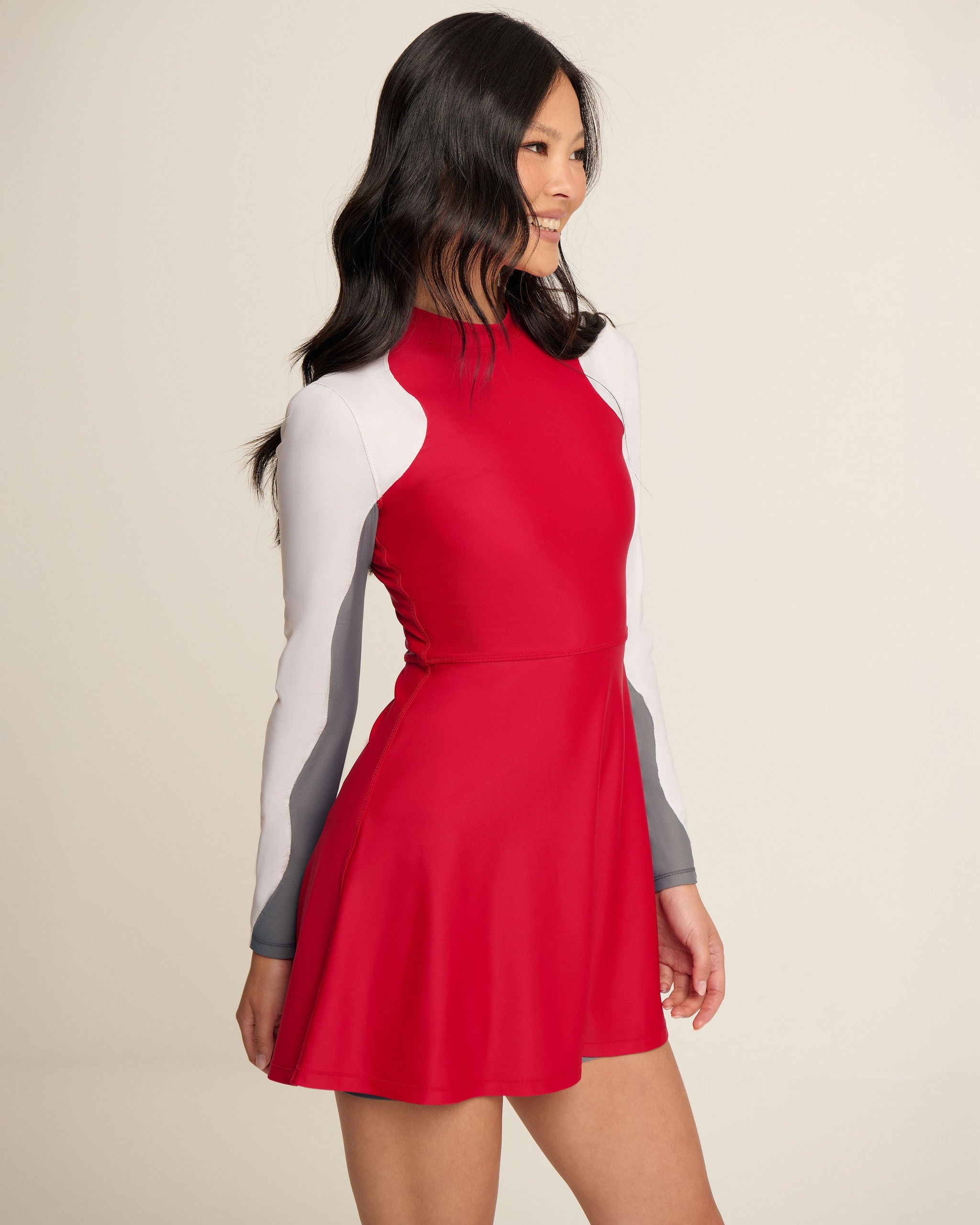 Wave Sleeves Dress - White, Red & Grey