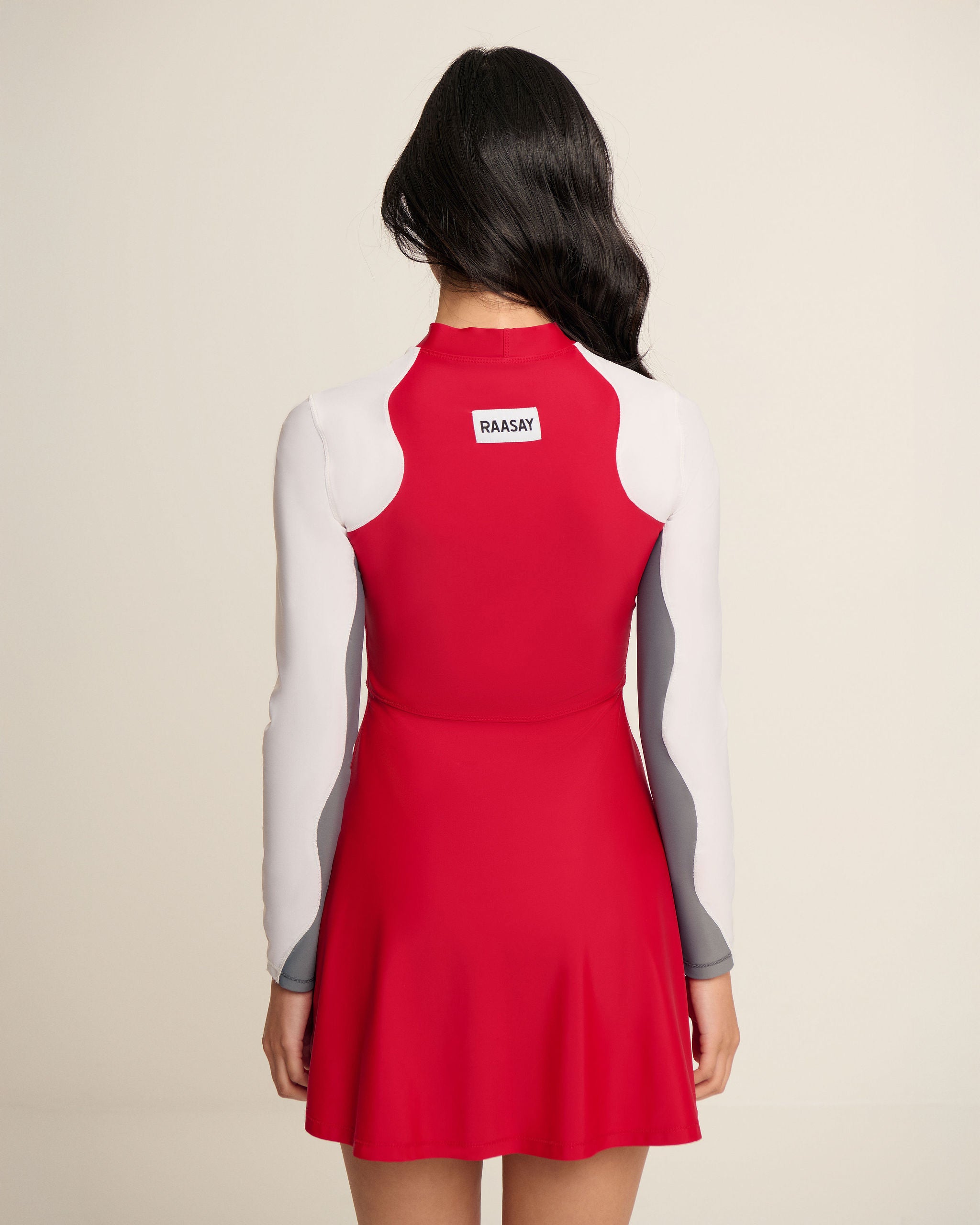 Wave Sleeves Dress - White, Red & Grey