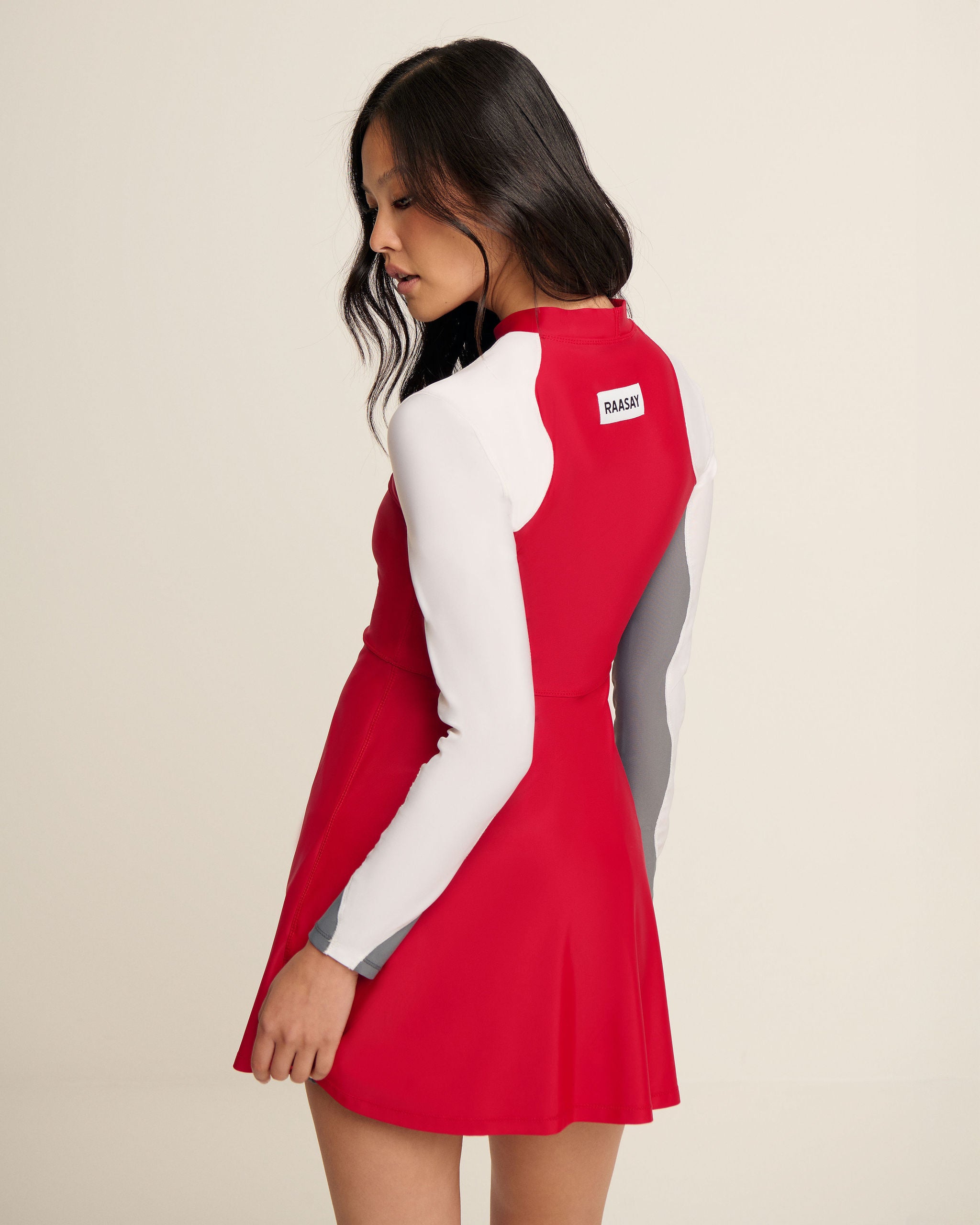 Wave Sleeves Dress - White, Red & Grey