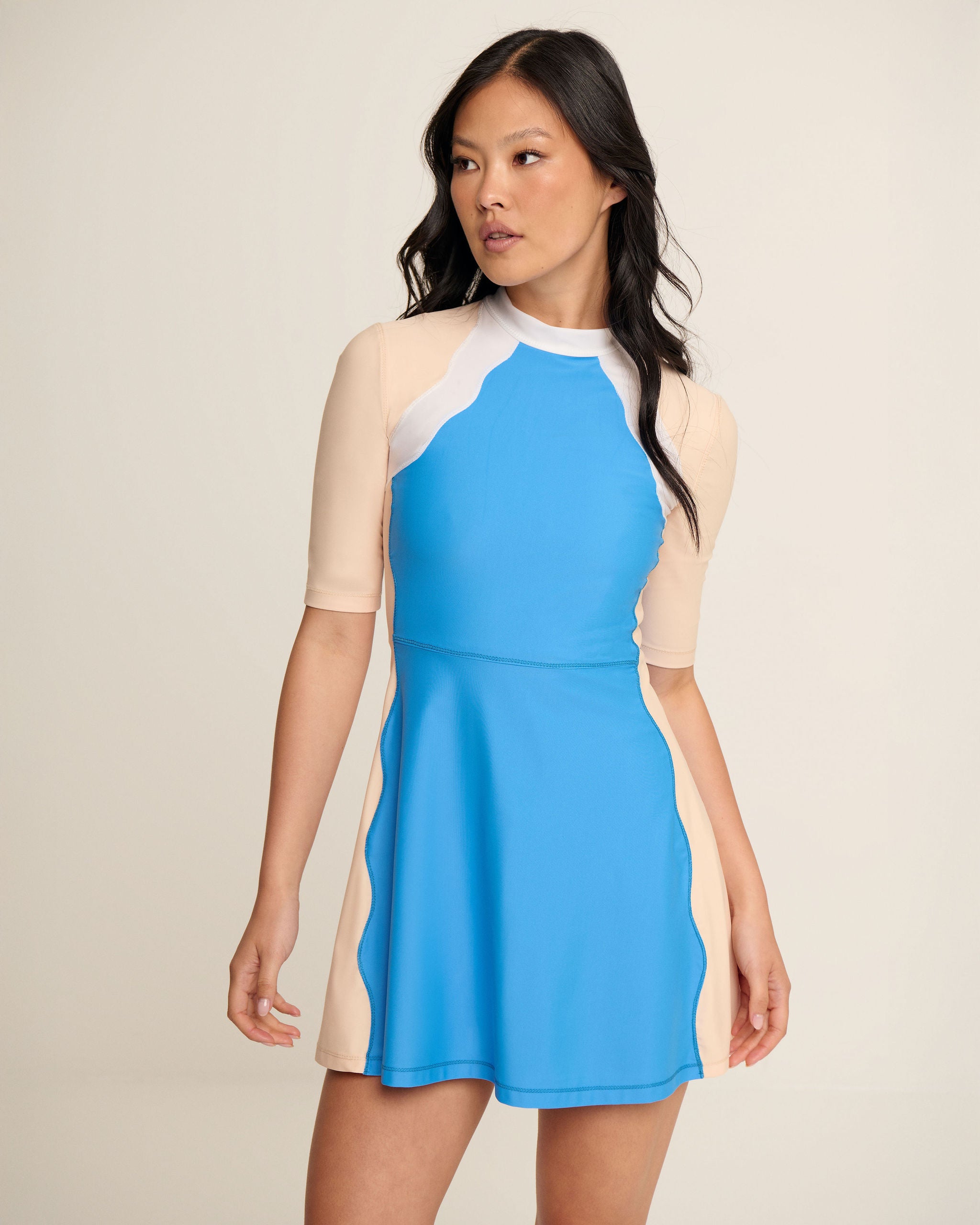 Side Waves Dress - Blue, Cream & White