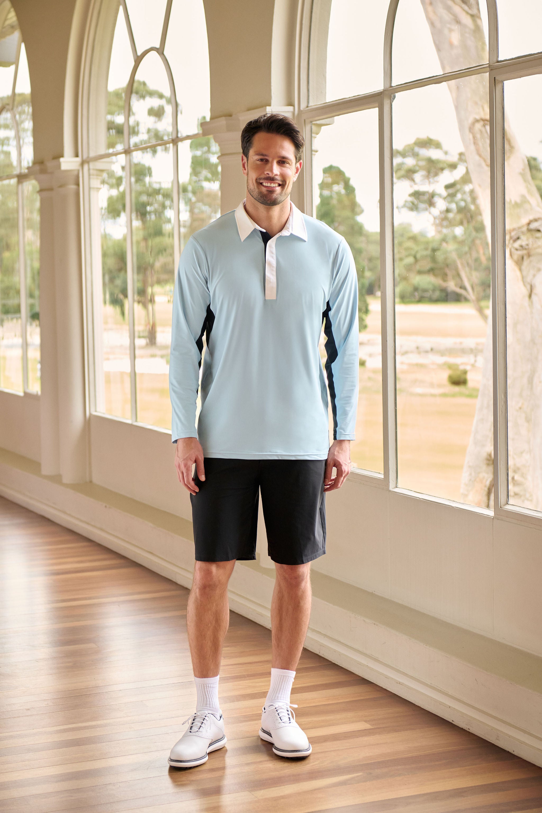 Contrast Collar Long Sleeve Top - White, Light Blue & Black