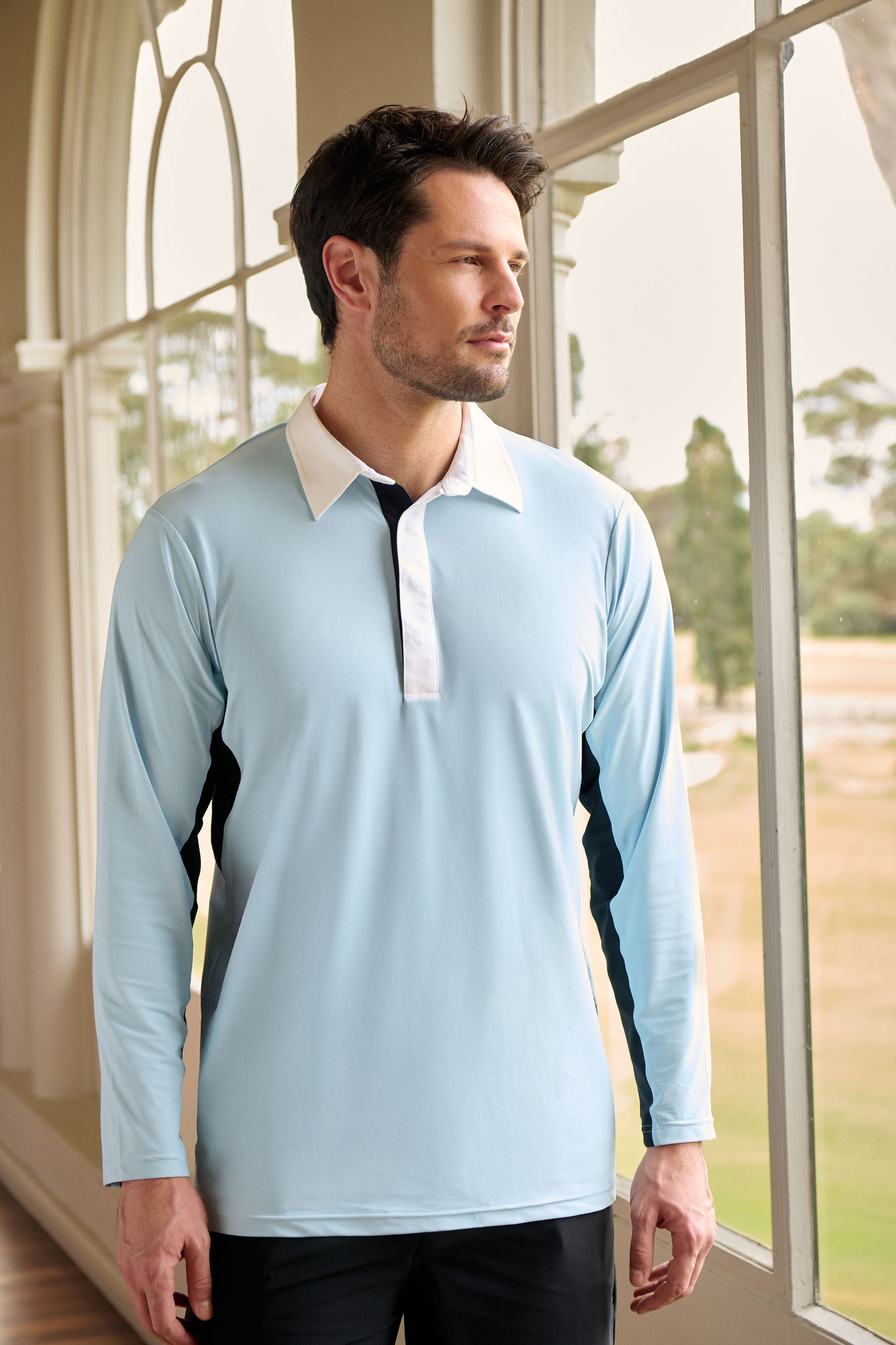Contrast Collar Long Sleeve Top - White, Light Blue & Black
