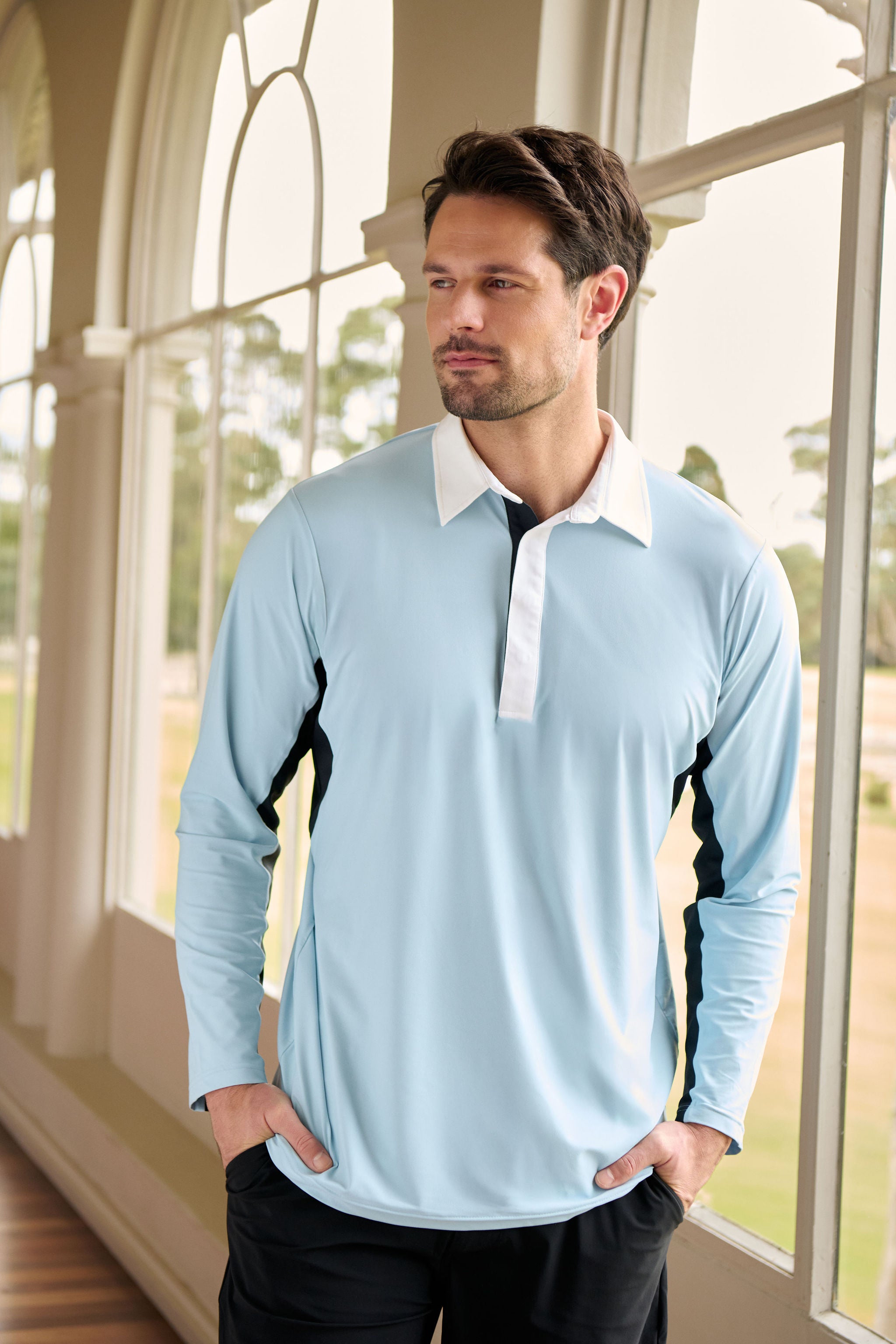 Contrast Collar Long Sleeve Top - White, Light Blue & Black