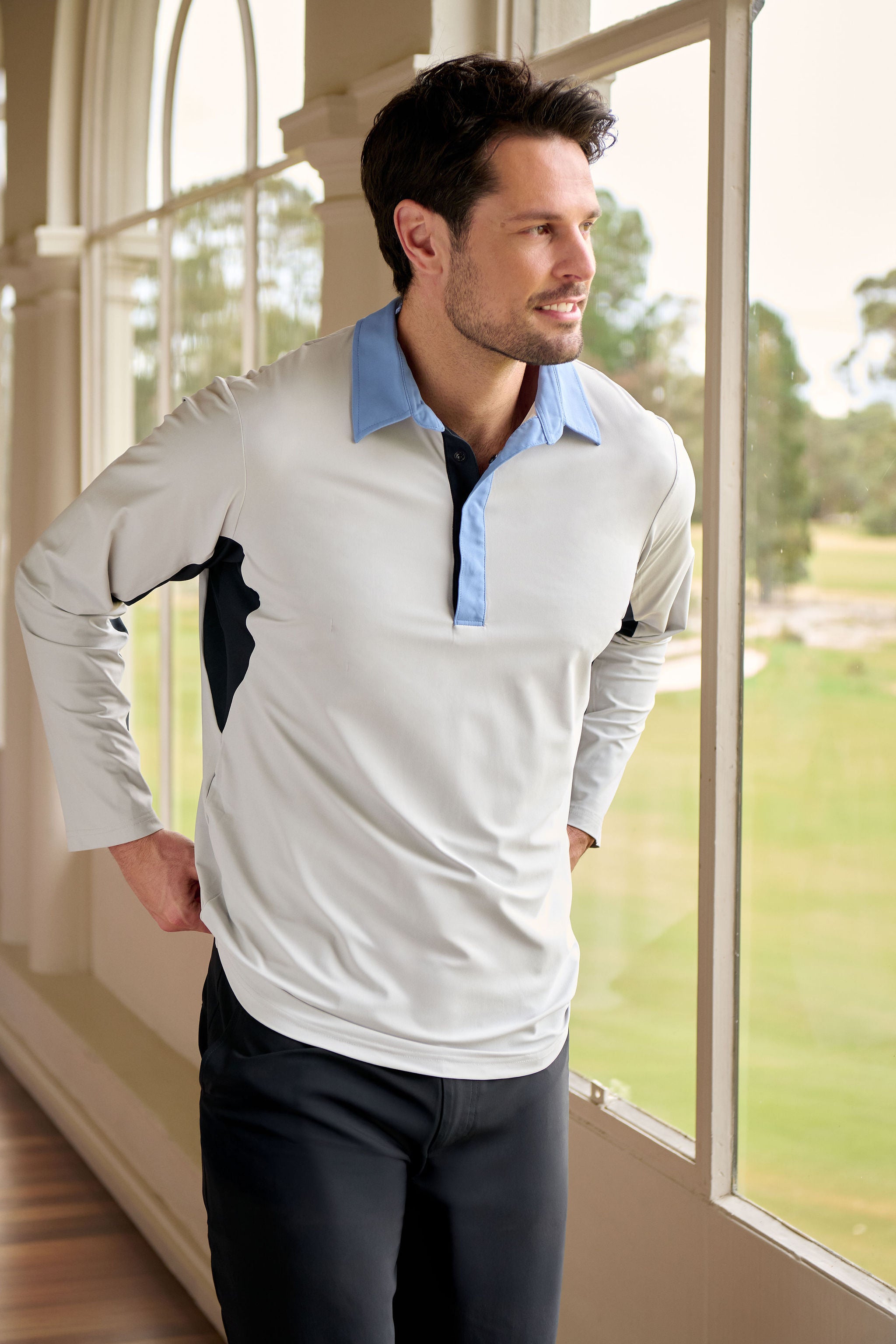 Contrast Collar Long Sleeve Top - Blue, Light Grey & Black