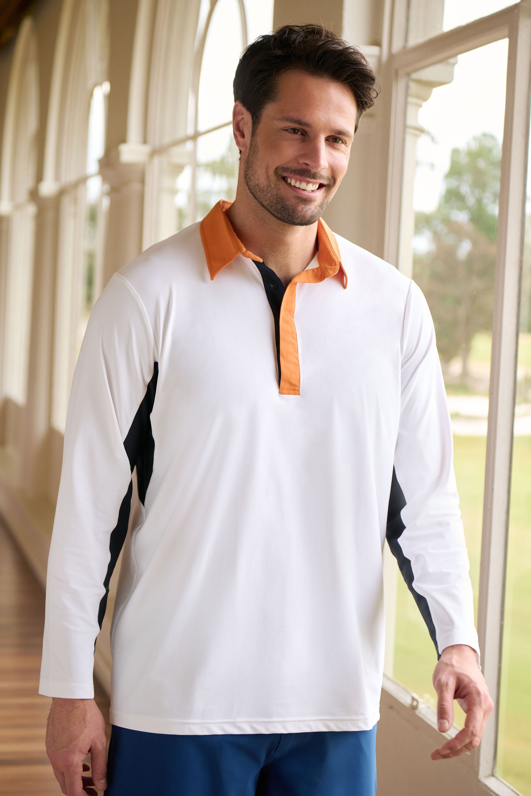 Contrast Collar Long Sleeve Top - Orange, White & Black