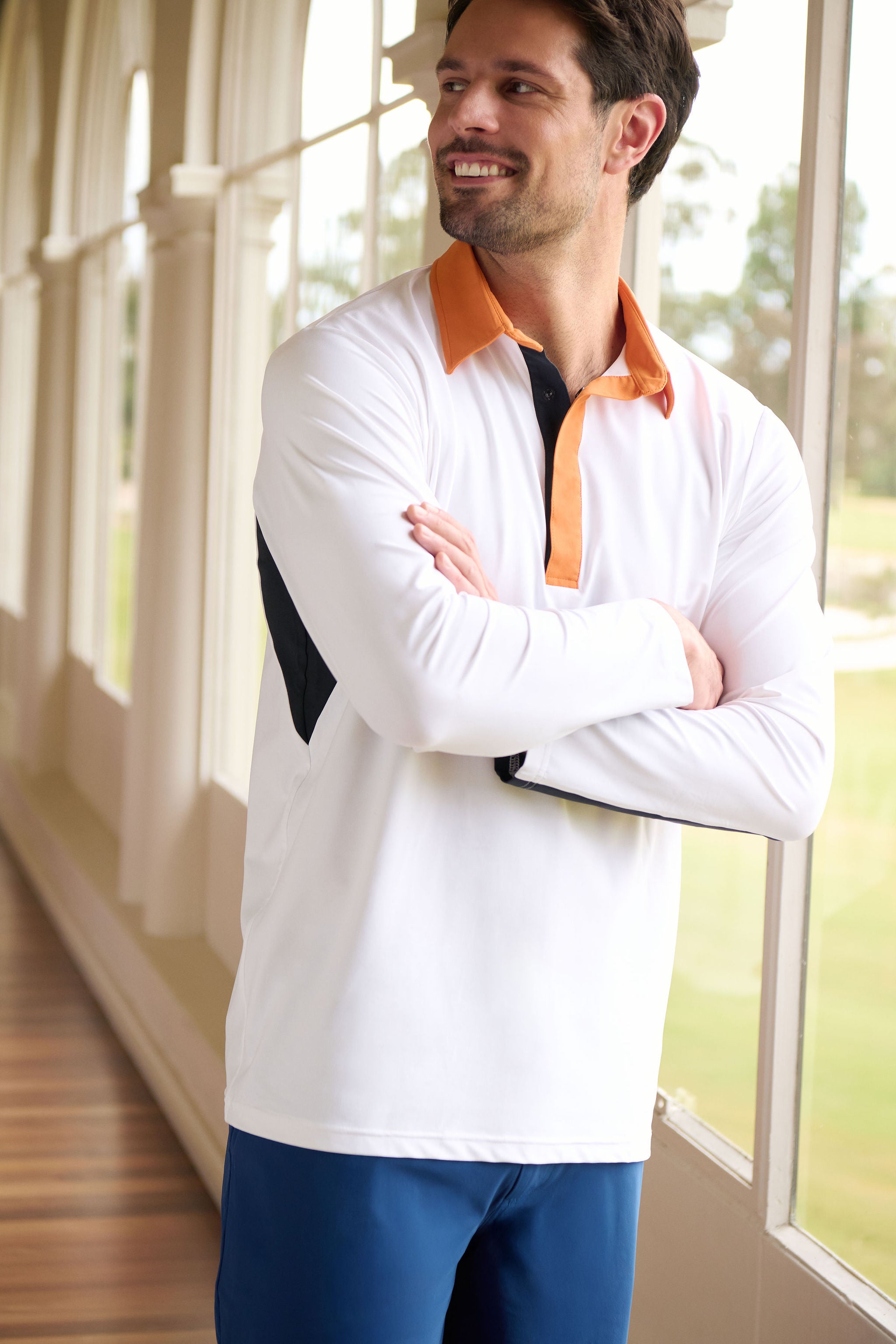 Contrast Collar Long Sleeve Top - Orange, White & Black